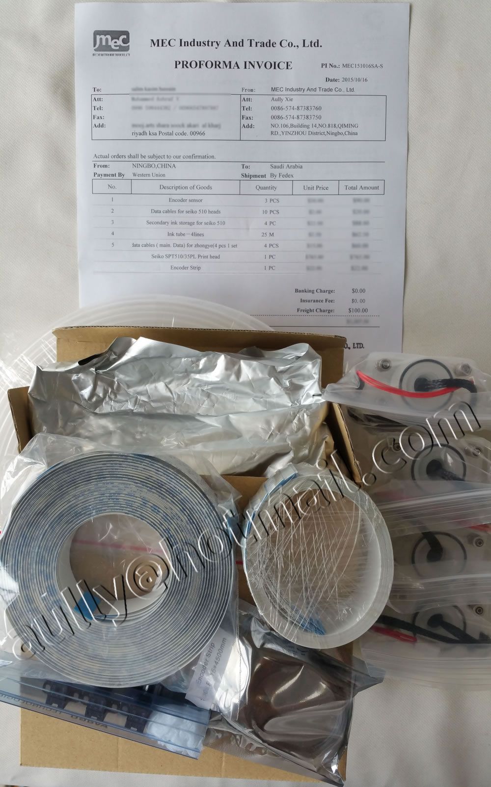 MEC151016SA-S (Seiko SPT510/35PL printhead/Ink Tank/Printhead data cable/Encoder Sensor/Ink Tube) to Saudi Arabia