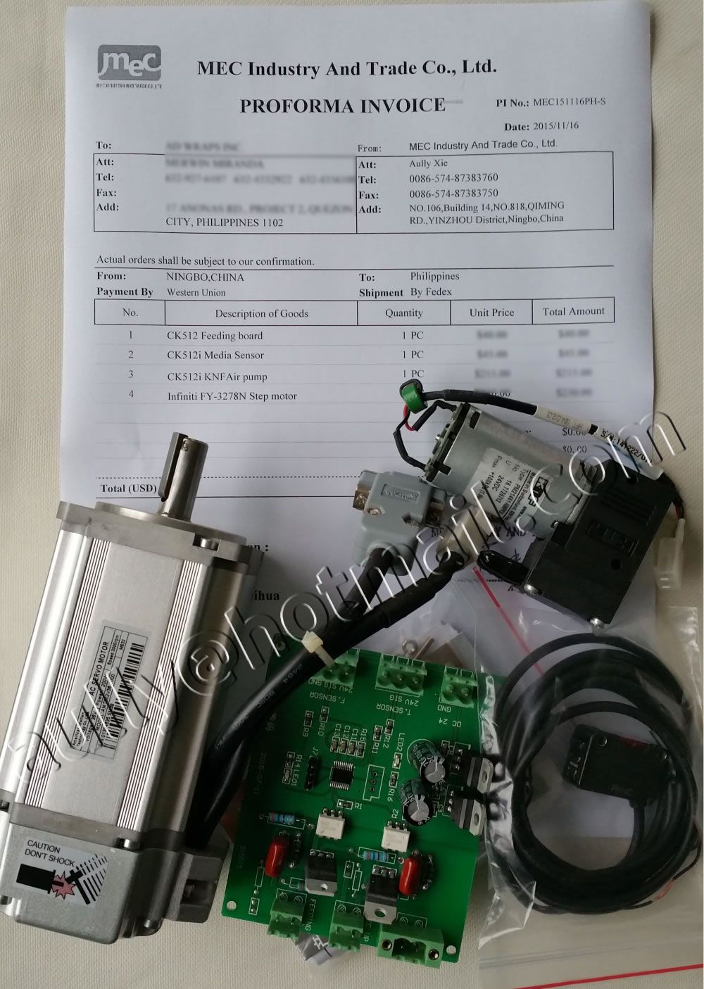 MEC151116PH-S (Infiniti FY-3278N Step motor/KNF Air Pump/Media Sensor/Feeding board) to Philippines