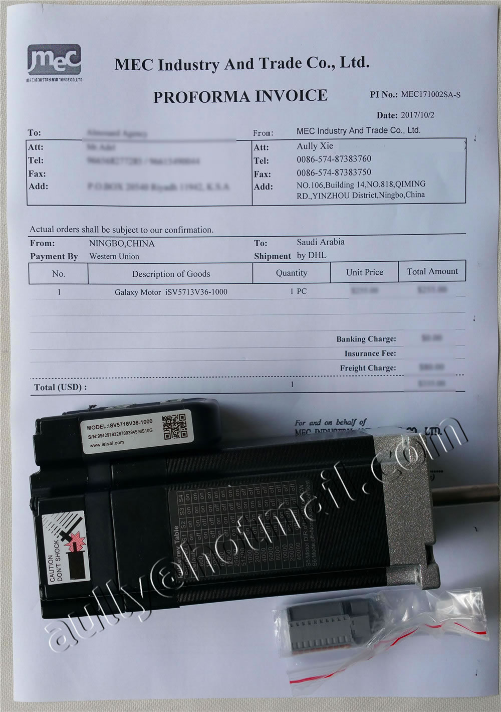 MEC171002SA-S (Galaxy Motor iSV5713V36-1000) to Saudi Arabia