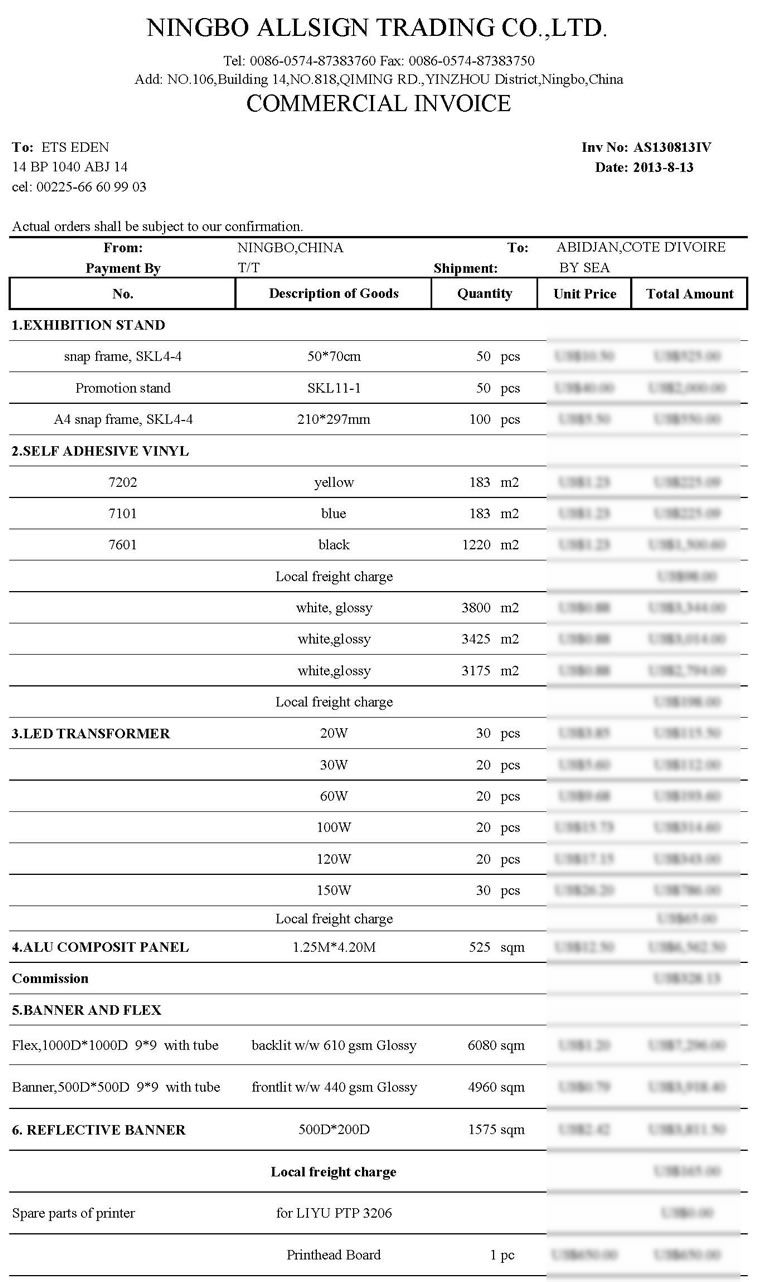 AS130813IV (Printing Materials/ LED / Display Stands) to Cote divoire