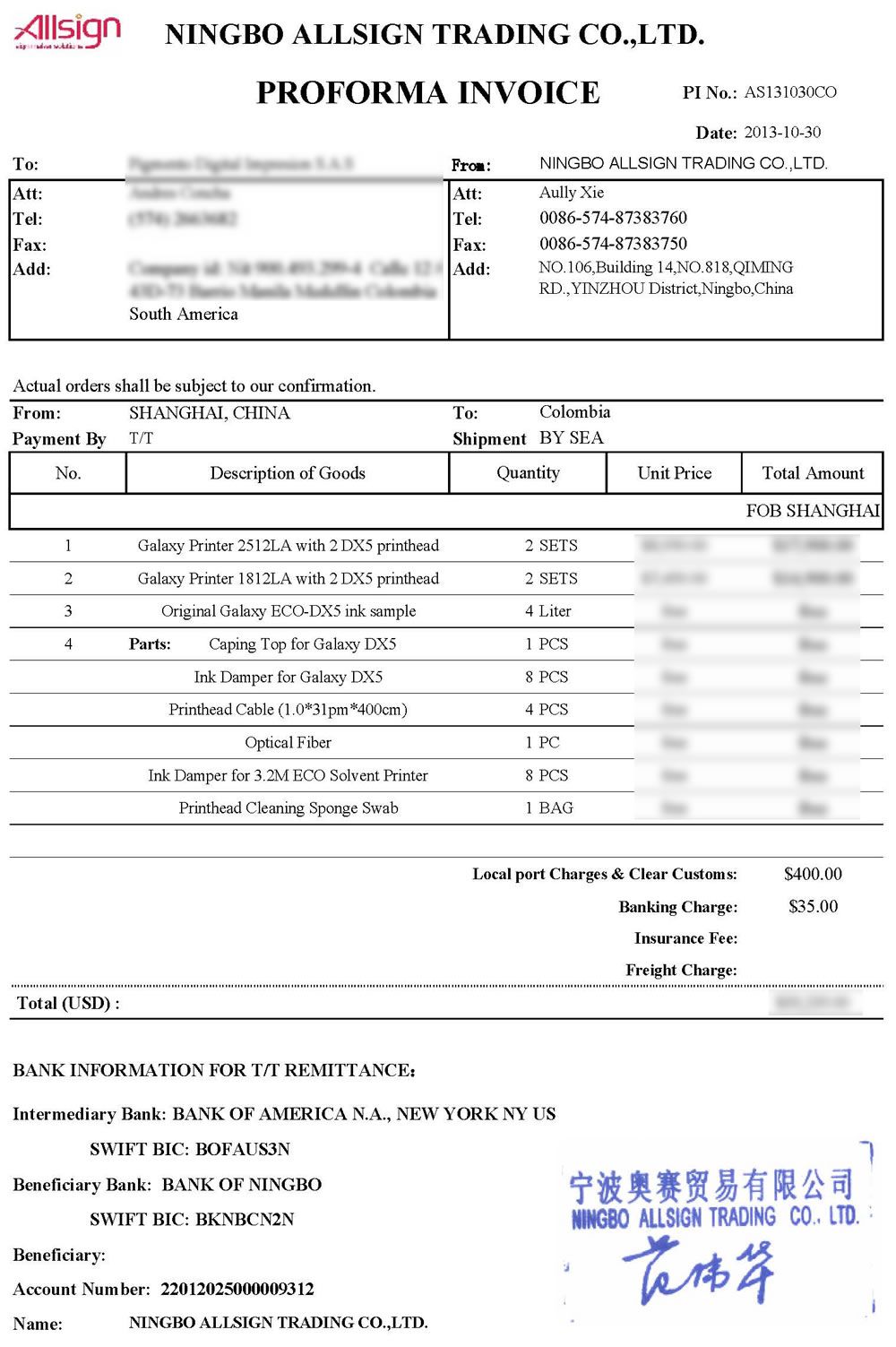 AS131030CO(4 sets Galaxy Printer & Parts) to Colombia