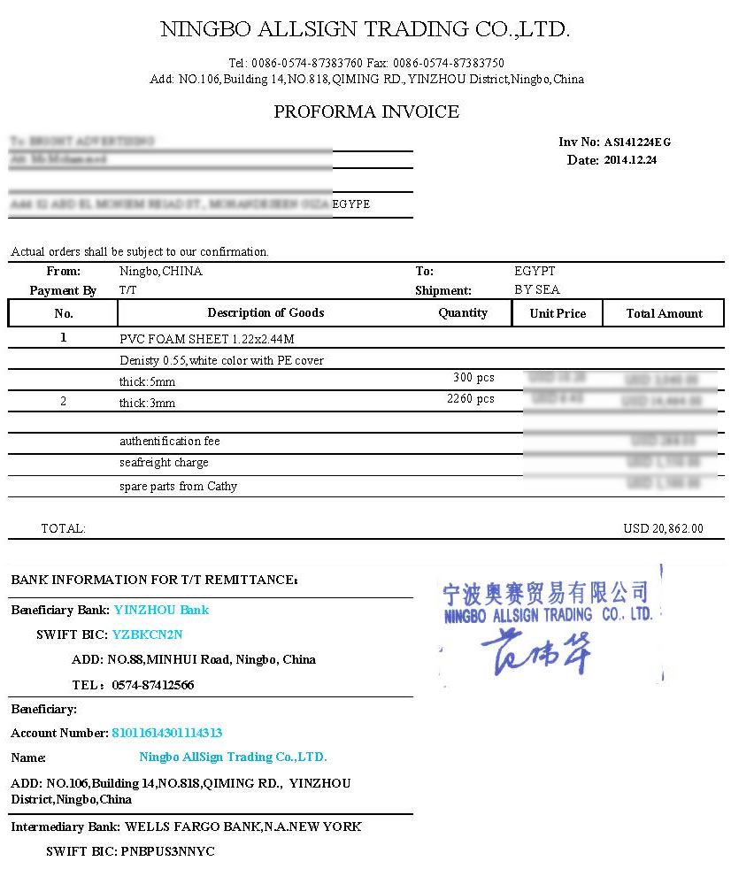 AS141224EG (PVC Form Sheet) to EGYPT