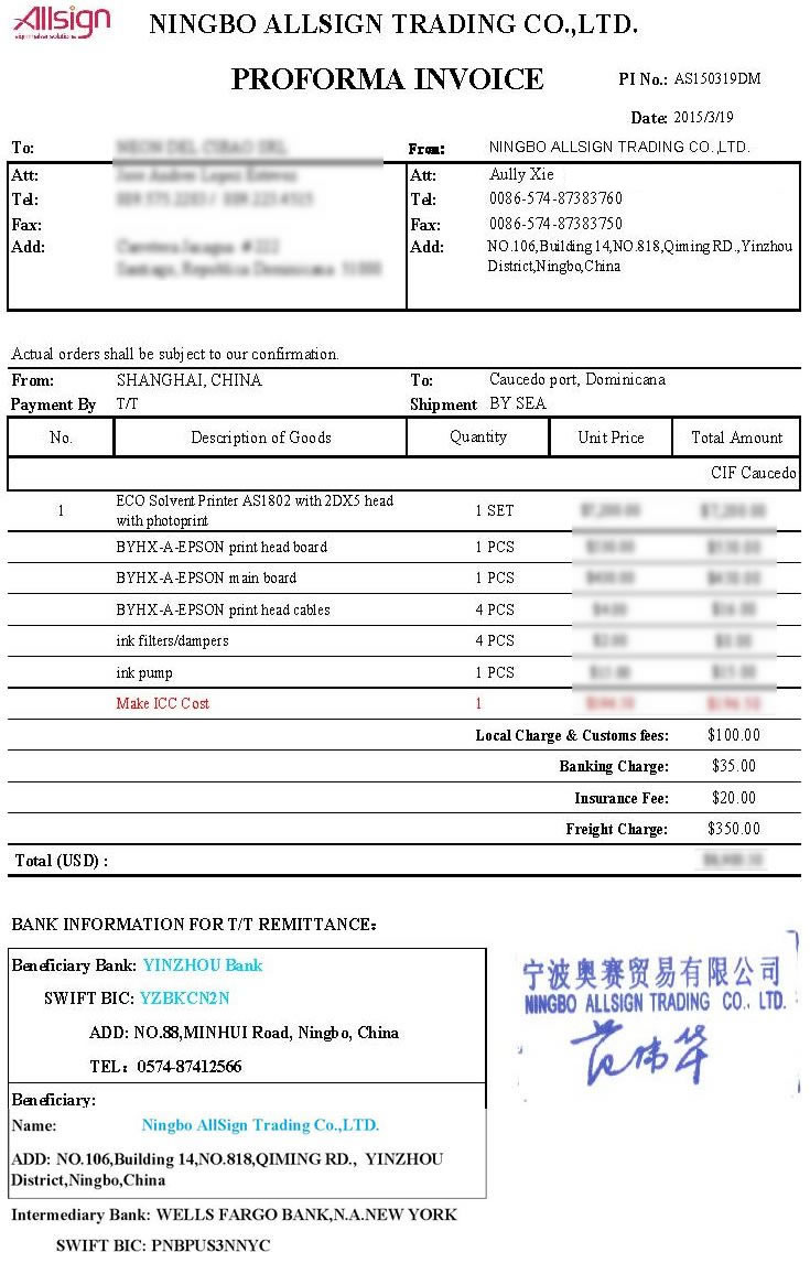 AS150319DM (ECO Solvent Printer AS1802 with photoprint) to Dominicana