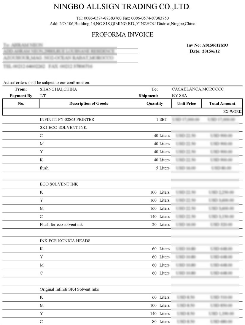 AS150612MO (Infiniti FY-3286J/SK1 Inks/ECO Solvent Inks/SK4 Inks/Cutting Plotter/Roll Up) to Morocco