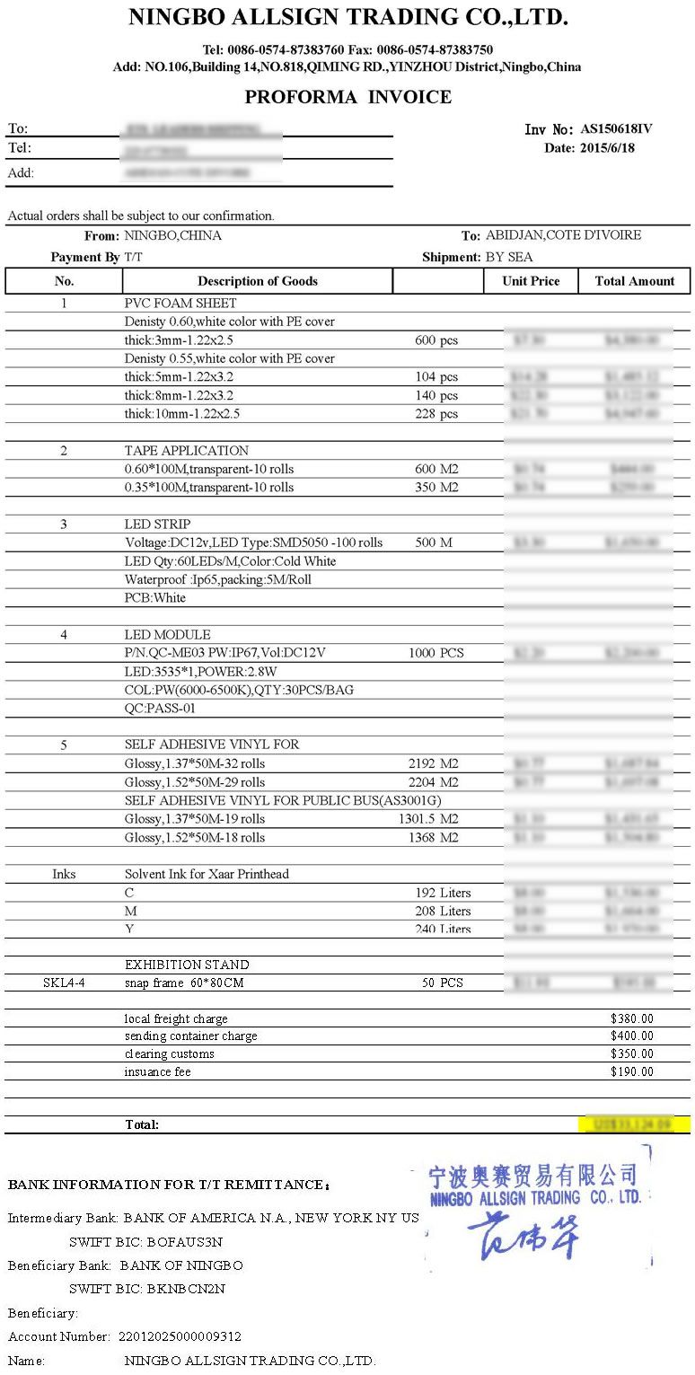 AS150618IV (PVC Foam Sheet/LED Strip/LED Module/Self Adhesive Vinyl/Solvent Ink/Snap Frame) to COTE D'IVOIRE