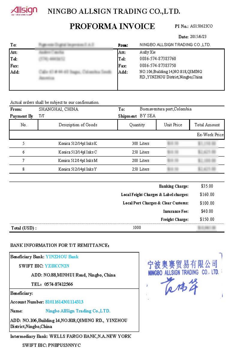 AS150623CO (1000 Liters Konica 512/14pl Inks) to Colombia