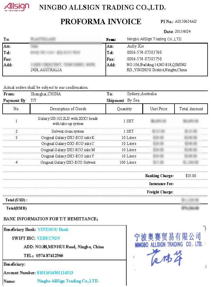 AS150624AU (Galaxy UD-3212LD / Original Galaxy DX5-ECo inks and Flush) to Australia