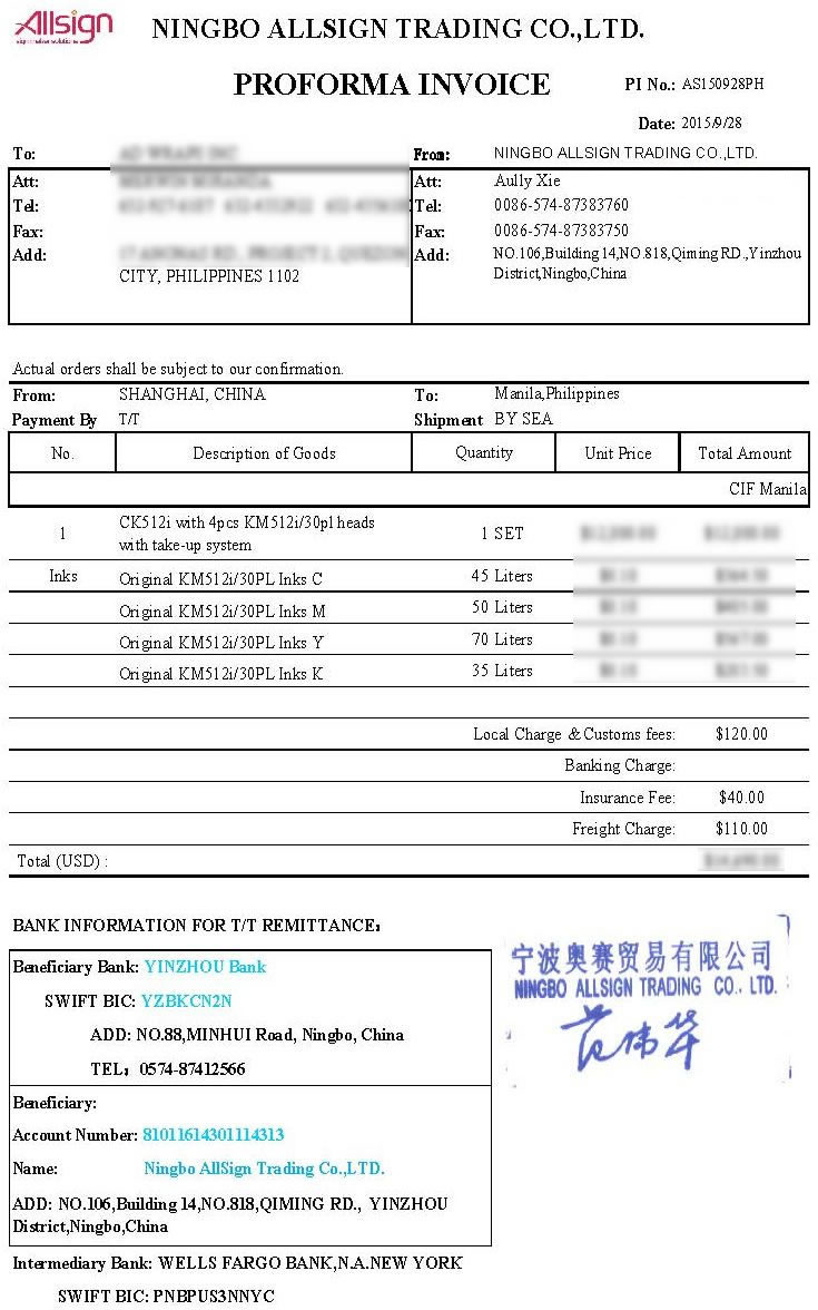 AS150928PH (Konica Printer CK512i with 4pcs KM512i/30pl heads / Solvent Inks) to Philippines