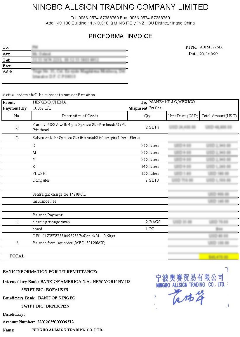 AS151029MX (Flora LJ320GS with 4 pcs Spectra Starfire 1024/25P heads/Flora Inks) to Mexico