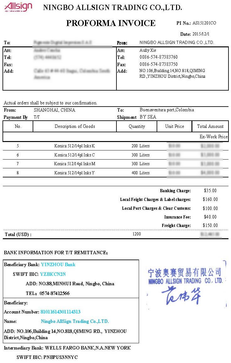 AS151201CO (1200 Liters Konica 512/14pl Inks) to Colombia