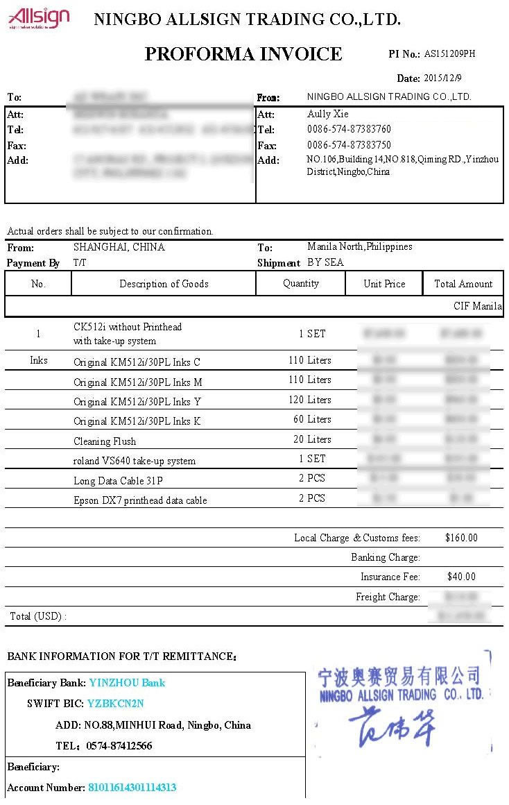 AS151209PH (Konica Printer CK512i/400Liters KM512i Solvent Inks) to Philippines