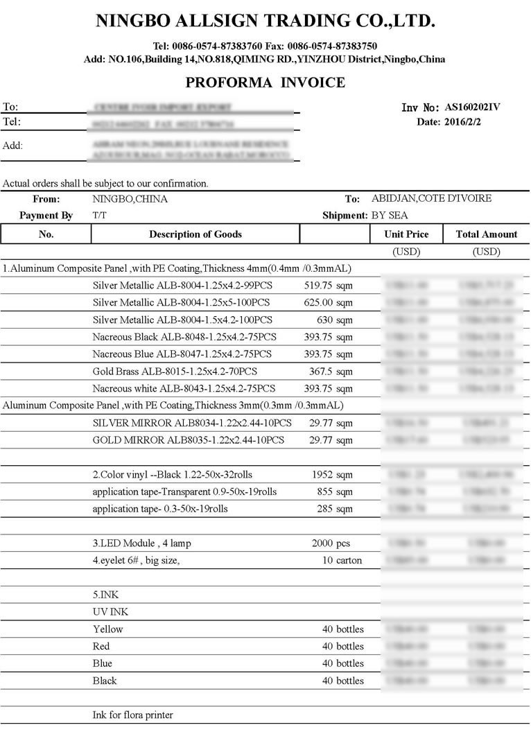 AS160202IV (Aluminum Composite Sheet/UV Inks/Flora Inks/LED/POP Up Stands) to COTE D'IVOIRE